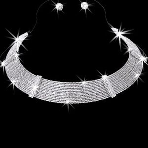 14-Line Diamond Cut Pave Crystal Cleopatra Collar Necklace Studs Silver